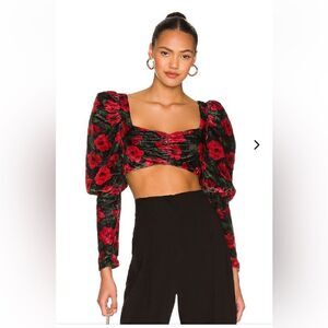 Lovers + Friends Jackie Top rose print velvet cropped cut out blouse Revolve S